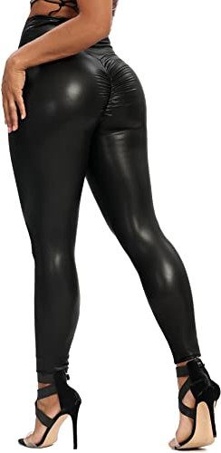 RIOJOY Damen High Waist LederLeggings Sexy Butt Scrunch Booty Leder Leggings Lederhose, Schwarz L