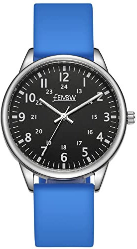 FEMBW Damen-Armbanduhr, Armband aus Silikon, Quarz, modisch, kreative Armbanduhr, für Damen, Mädchen, Teenager, Analog, wasserdicht, 50 m, Blaues Zifferblatt, Leuchtend, schwarz, Gurt