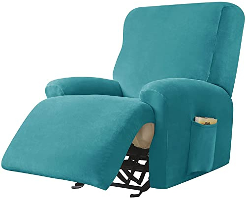 GEBIN Samt Relaxsessel Sesselbezug, 4-Stück Elastischer Antirutsch Komplett Sesselschoner, Weich Stoff Relaxsesselbezug, Möbelbezüge Für Relaxsessel Mit Seitentasche (Türkis)