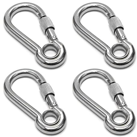 PRIOstahl Karabiner Karabinerhaken mit Sicherheitsmutter und Kausche - 5 x 50mm x 4 Stück mit Schraubsicherung Verbindungsglied Schraubkarabiner Befestigung Hängesessel Boxsack Edelstahl V4A