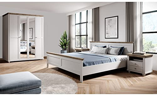 Lomadox Schlafzimmer Set weiß Landhaus Doppelbett Bettgestell Liegefläche 180 x 200 cm Kleiderschrank Spiegeltüren Nachttisch weiß Esche Eiche