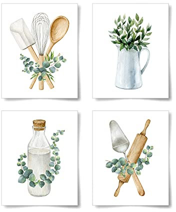 La Naranja Boho Kitchen Wall Decor Sage Green Plants Botanical Prints Eucalyptus Leaves Wall Art Minimalist Dining Room Artwork, Set of 4 Pictures, 8''x10'', UNFRAMED