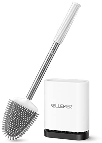 Sellemer Toilet Brush and Holder Set for Bathroom, Flexible Toilet Bowl Brush Head with Silicone Bristles and Stainless Steel Handle, Compact Size for Storage and Organization, Ventilation Slots Base