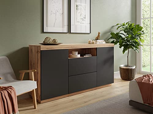 lukmebel Yoshi Kommode Zwei Push-Open-Schränke Praktisch Minimalistisch Extrem Geräumig 16 mm Laminierte Platte PVC Wotan Eiche & Schwarz