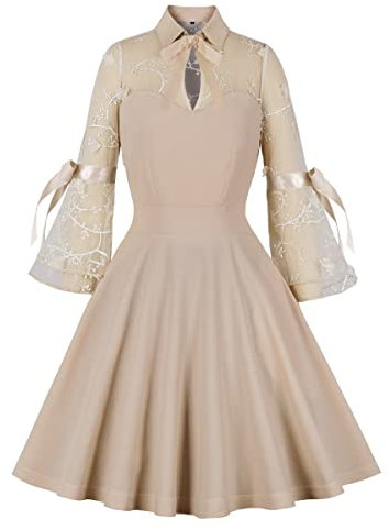 Wellwits Damen Schlüsselloch Mesh Glocke Langarm Knie Swing Cocktailkleid, Apricot 1/2 Ärmel, 40-42