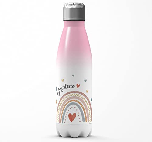Mikalino Kinder Edelstahl Trinkflasche Ein bunter Regenbogen Rainbow personalisiert mit Wunschname Geschenk Geschenkideen Thermosflasche Mädchen Junge, Farbe:rosaweiss, Grösse:500ml