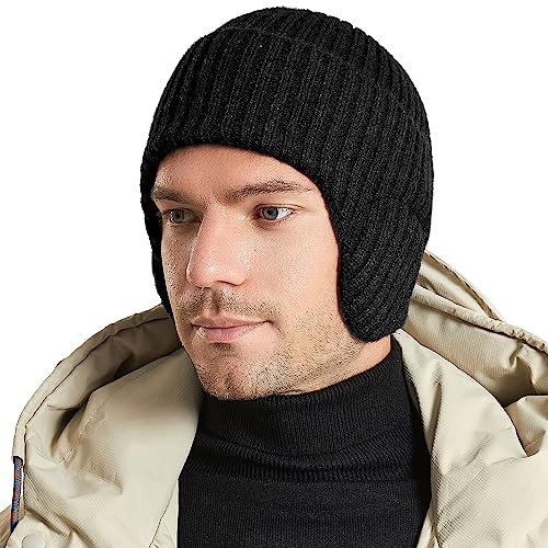 WANYIG Unisex Wintermütze Strickmütze Beanie Winter Mütze Warme Plain Hat mit 9cm Ohrenklappen für Damen und Herren(44 Schwarz)