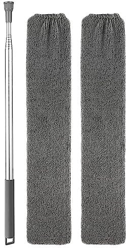 Tmianya Ausziehbarer, Langer, Flacher Mikrofaser-Staubwedel mit ausziehbarer Stange und Stoffbezug für Sofa, Bett, Möbel, unten, Deckenventilator, Jalousien, mit Ersatztuch Akku (Grey, One Size)