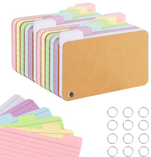 ZMCYN 12 Pack 720 Pcs 3x5 Inches Tabbed Index Cards, Assorted Colored Lined Flash Cards with 12 Binder Rings
