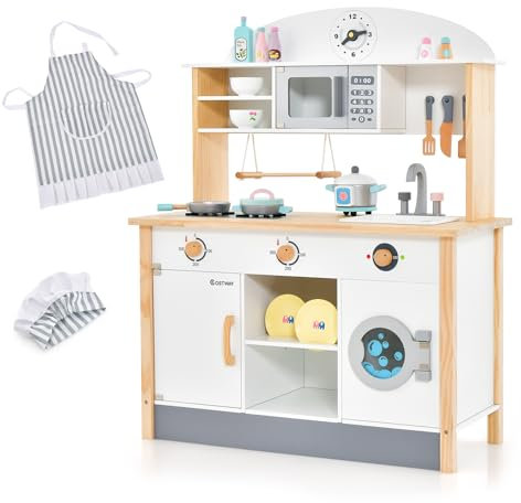 COSTWAY Cucina Giocattolo per Bambini in Legno, Cucina per Bambini con Lavatrice, Forno, Microonde, Lavello e Rubinetto, 17 Accessori per Cucinare, per Bambini 3 Anni +, 79 x 35 x 98 cm