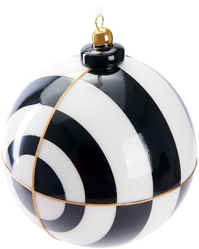 BRUBAKER Pallina di Natale Premium con Motivo a Cerchi - Nero/Bianco e Oro - Pallina in Vetro da 10 cm con Topper in Porcellana - Realizzata a Mano - Decorazione dell'Albero di Natale