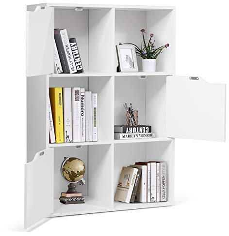 KOMFOTTEU Libreria a 6 Cubi con 3 Ante, Armadietto Libreria con Chiusura Magnetica, Mobiletto Armadietto Scaffale, 60 x 29 x 90 cm (Bianco)