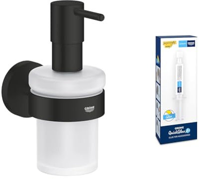 GROHE Start - Glas mit Halter- Set (Material: Glas/Metall, inkl. QuickGlue A1: Klebeset für einen Klebepunkt, verdeckte Befestigung), matt schwarz, 411952430