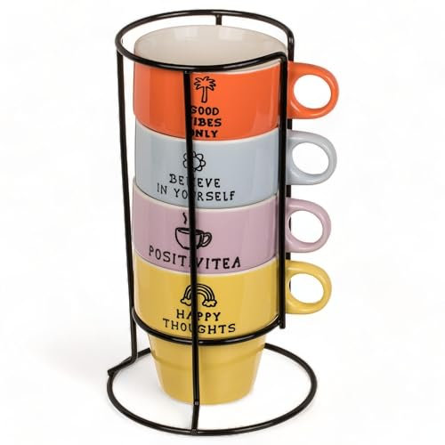 MIJOMA Set di 4 tazze da caffè in porcellana colorata con supporto cromato, impilabili e lavabili in lavastoviglie, capacità 200 ml (Good Vibes Design)