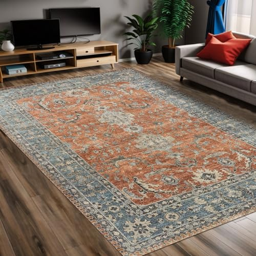 bamyum Soliel Bedruckter Teppich Chenille-Druck Maschinell Hergestellt 160 x 230 cm, Waschbarer Wohnzimmer Vintage Teppich Schlafzimmer, Antibakteriell Antirutschunterlage Küchenteppich