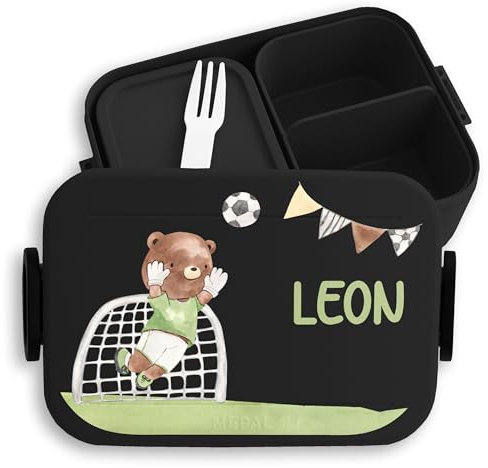 Bento Box Midi Lunchbox für Mepal Bentobox - Kinder Brotdose Tiere Fußball - 900 ml - Schwarz - geschenke einschulung jungen soccer jausenbox brotzeitdose kindergarten junge fußballfans