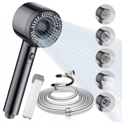 Duschkopf, Hochdruck Duschkopf mit 5 Strahlarten und Schlauch 2M, Handbrause mit Antikalk-Funktion, Duschbrause für Reinigung Von Badewanne, Fliesen, Haustieren (Grau)
