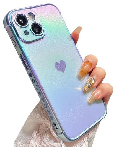 ZTOFERA Compatible with iPhone 15 (6.1) Case for Girls Women, Luxury Fluorescent Iridescent Matte Silicone Case with Cute Love Heart Pattern Plated Rim Shockproof Cover, Iridescent Sierra Blue