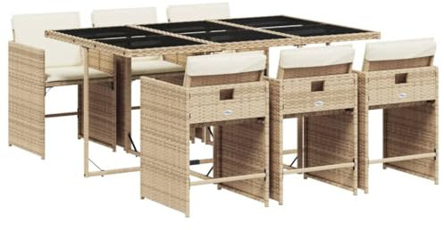 vidaXL Garten Essgruppe 7-TLG., Gartenmöbel Set mit Kissen, Gartengarnitur Tisch 6 Stühle, Sitzgruppe Sitzgarnitur, Beige Poly Rattan