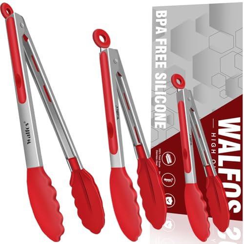 Walfos® Grillzange, Hitzebeständige Küchenzange Kochzange 3er-Set (18cm, 23cm, 30.5cm), mit Verriegelung, Premium Edelstahl und BPA-freie Silikonspitzen, (3 rote Silikonzangen)