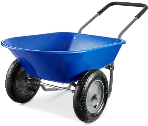 Best Choice Products Dual-Wheel Home Utility Yard Wheelbarrow Garden Cart w/Built-in Stand for Lawn, Gardening, Construction - Blue