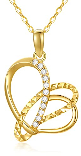 Rikelus 375/9K echte Gold-Herzkette für Damen, Gelbgold-Halsketten mit Diamantschliff und Moissanit, Schmuckgeschenk zum Geburtstag für Mama und Frau