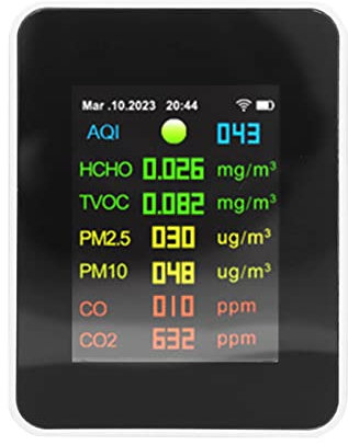 9-in-1-Luftqualitätsmonitor für den Innenbereich – WLAN-Luftdetektor mit Farb-LCD-Digitalanzeige – Erkennt PM2,5, PM10, HCHO, Organische Schadstoffe, CO, CO2, Temperatur und
