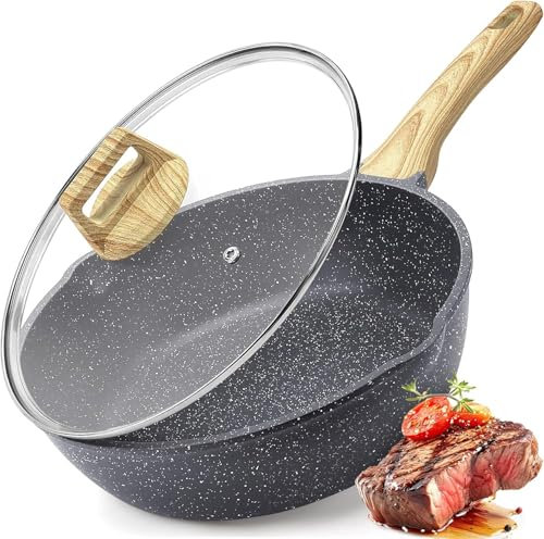 GiPP Padella antiaderente padella in granito da 3.6 L con coperchio, beccuccio e manico raffreddato, padella antiaderente non tossica, pentola per induzione, senza PFOA (grigio, 24cm)
