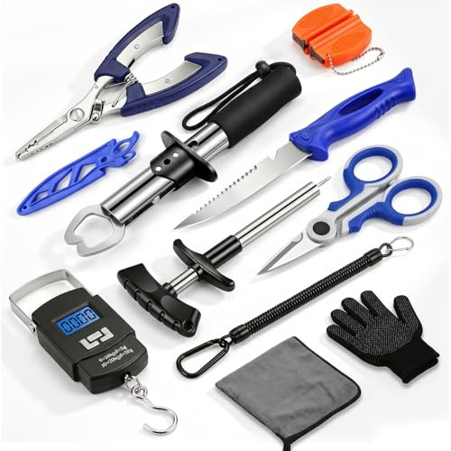 AOFUXTI Fishing Tool Kit - Fishing Pliers, Hook Remover, Fish Gripper，Fish Scale, Fish Knife, Saltwater Fishing Gear with Sharpeners, Best Gifts for Men (Orange with Scale)