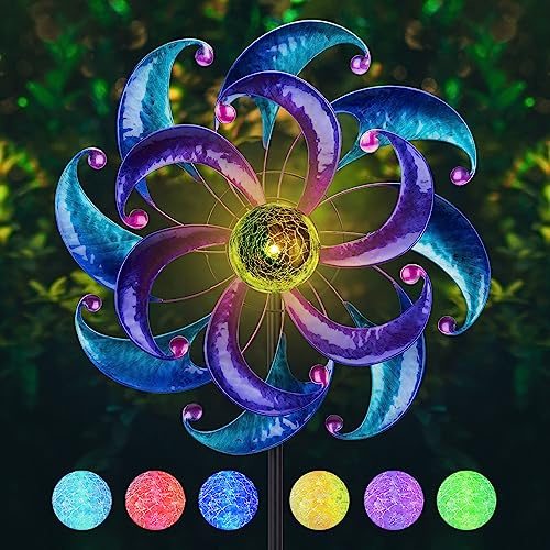 WONDER GARDEN Molinillos de viento para patio y jardín, molinillos de viento solares – Esculturas y molinillos de viento azul de 61 pulgadas con luz LED cambiante, bola de vidrio para jardín, patio,