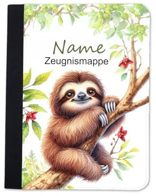 Zeugnismappe mit Name | Zeugnismappe personalisiert | mit Klarsichthüllen A4+ | Urkundenmappe | personalisierte Dokumentenmappe mit Platz für U-Heft, Impfpass, Schwimmpass, Fahrradpass (Faultier)