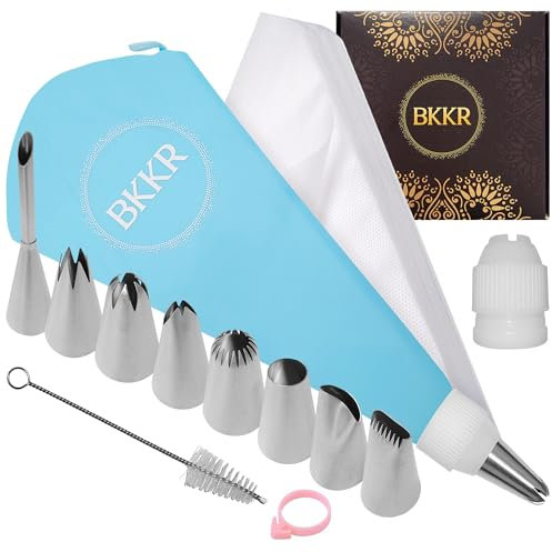 BKKR Spritzbeutel mit Tüllen, 37 TLG., Silikon wiederverwendbar, 8 Edelstahl Spritztüllen Set, 25 Spritzbeutel Einweg, Torten Zubehör, Fülltülle, Perfekt (Creative Kit/Silikon)