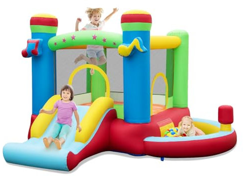 DREAMADE Château Gonflable avec Toboggan, Pataugeoire, Panier de Basket, Jeux de Lancer d'Anneaux, 294 x 290 x 190 CM, Charge Max.90 KG, pour Les Enfants de 3-12 an (sans Gonfleur)