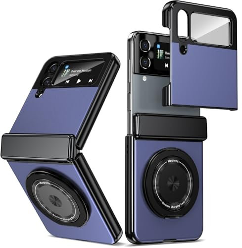 XKchatpt Magnetic Folding Phone Case for Samsung Galaxy Z Flip 4,Kickstand 360° Rotatable Stand,Aluminium Alloy Case with Hinge Protection & Front Screen Protector for Samsung Galaxy Z Flip 4 (Blue)