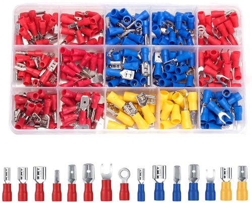 QeeHeng 280 Pezzi Connettori Capicorda Elettrici, 15 Tipi Terminali a Crimpare Set, 0,5 – 6,0 mm², Maschio e Femmina Isolati Capicorda a Forcella Anello e Vanga per Elettricisti, Auto