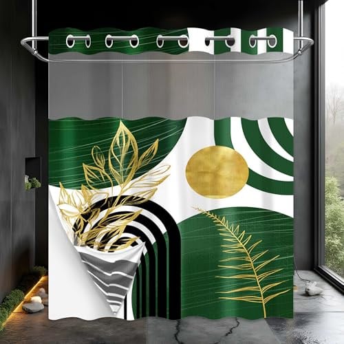 LanZanthic Boho Hookless Shower Curtains for Bathroom Abstract Green and Gold Mid Century Modern Wet Room Shower Curtain No Hooks, Mould Proof Resistant, Waterproof, Washable, Fabric, 71 W X 74 L