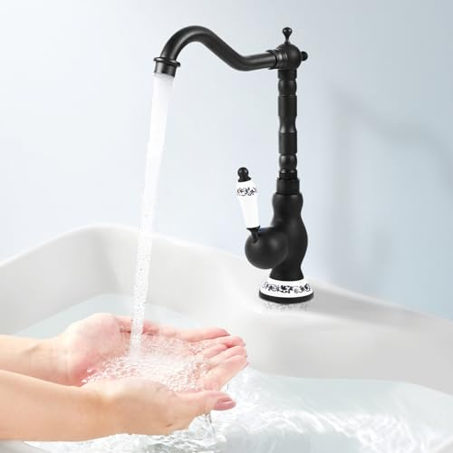 360° Drehen Küchenarmatur Schwarz Retro, 32cm Wasserhahn mit Kaltwasserleitung und Warmwasserleitung, Spültischarmatur Armatur Nostalgie