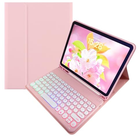 kaidisen Rainbow Backlit Keyboard Case for iPad A16 11th Generation 2025/10th Generation 2022(11/10.9 inch), 7 Colors Backlight Retro Round Key Detachable Keyboard Cover Cute Candy Color,Pink