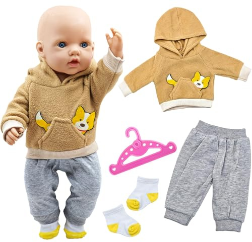BBEUU Puppenkleidung 35-43cm, Kapuzenpullover Baby Puppen Kleidung | Puppenzubehör für 14-17 Zoll mit Brauner Welpen Hoodie, Hosen, Socken, Kleiderbüge, Geschenk Für Jungen Mädchen