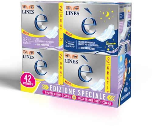 Assorbenti LINES È GIORNO + NOTTE con ali x42 pezzi per ciclo mestruale | l'unico assorbente con struttura in Lactifless, il LINES più assorbente e flessibile della gamma Lines, con Odor Protection