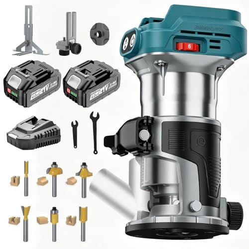 Yofuly Fresatrice Rifilatore per Legno Compatibile con Batterie Makita 18V, Fresa Legno con 2 Batterie da 4,0Ah | 6 Velocità | 28000giri/min, Fresatrice Verticale con Set di 6 Frese da 6,35 mm