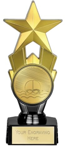 TROPHIESPLUSMEDALS Swimming Classic Trophy | Gold finish with a durable body and a marble base, free engraving. Ideal for swimming awards. Size 9.5W x 6.5D x 21H cm.