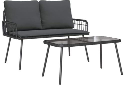 HGKMBRY Garten Essgruppe mit Kissen 2-teilig Schwarz Poly-Rattan, Outdoor Essgruppe mit Bank und Tisch, modernes Design für Terrasse und Garten