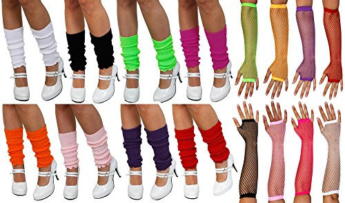 I LOVE FANCY DRESS 1980s White Leg Warmers and Fishnet Gloves Popstar Icon Neon Rave Roller Disco