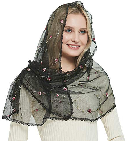 Orthodoxer Schleier Kopfbedeckung mit bestickten Blumen Katholische Kapelle Mantilla Schleier V50, Schwarzer Schleier, Einheitsgröße