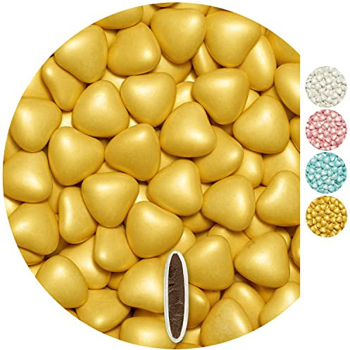 EinsSein 0,5kg Schokoherzen Dragees medium gold pearl Gastgeschenke Hochzeit, Taufe, Kommunion, Kindergeburtstag | Schokodragees, Dragees in Herzform bzw. Schokolinsen als Ersatz für Hochzeitsmandeln