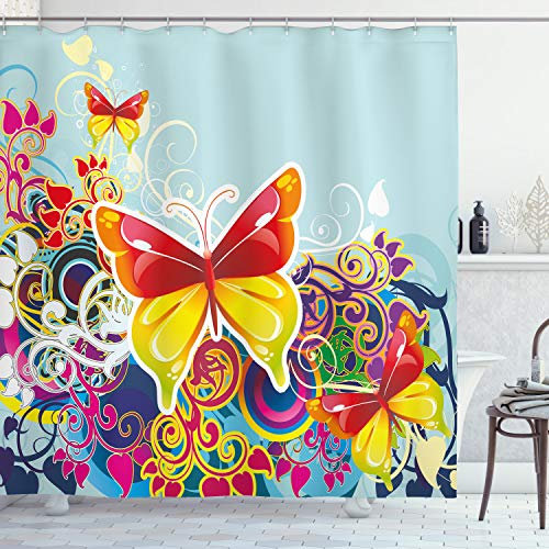 ABAKUHAUS Schmetterling Duschvorhang, Natur Blätter Schmetterling, Stoffliches Gewebe Badezimmerdekorationsset mit Haken, 175 x 220 cm, Hellblau Mehrfarbig