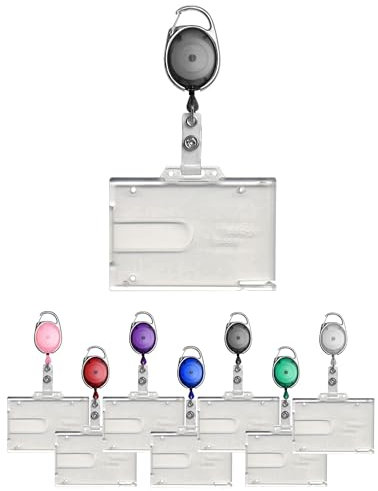 PCL Media ltd Porta badge retrattile nero con moschettone e porta badge a doppio lato, trasparente, rigido, può contenere due carte d'identità e skipass