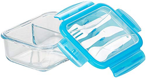 Rosenstein & Söhne Gefrierdosen Glas: Glas-Frischhaltedose, 2 Kammern, Besteck, Klick-Deckel, -20 bis 520 °C (Lunchbox, Dose, Kühlschrank)