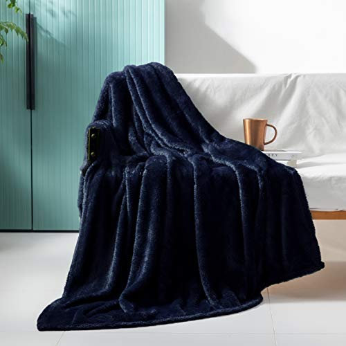 Exclusivo Mezcla Plush Fuzzy Fleece Throw Blanket 127x178 CM, Super Soft, Fluffy and Warm Blankets for Couch, Bed, All Season Use, Navy Blue